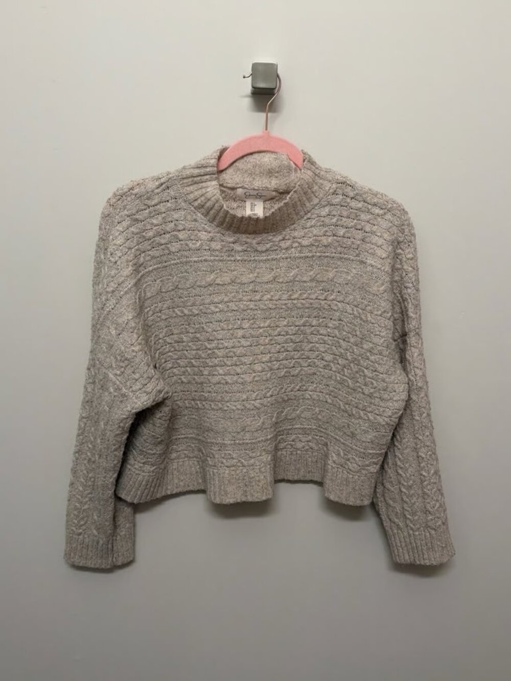 Heather Oatmeal Cable-Knit Mock Neck Sweater